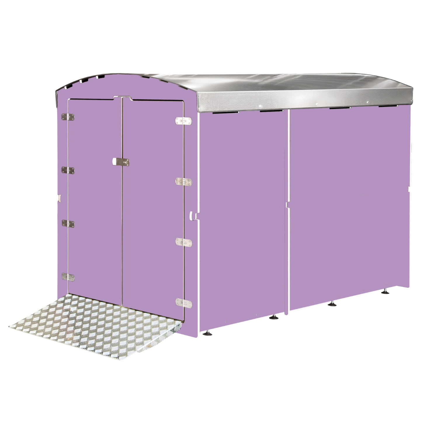 Lila Fahrradgarage mit Doppeltür und Metallrampen, wetterfeste Stahlkonstruktion