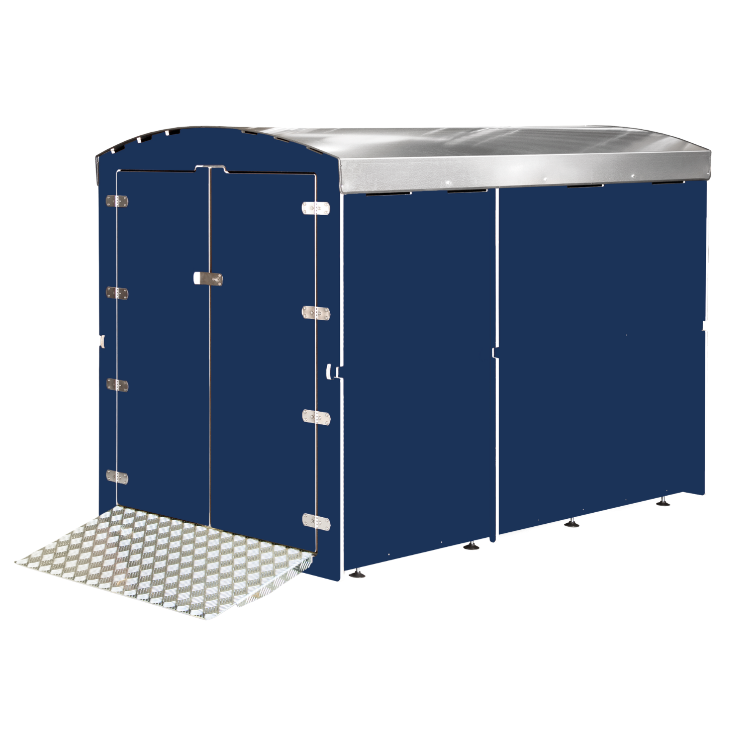 Dunkelblauer Metallgerätecontainer mit silbernem Dach und Rampe, stabil und wetterfest