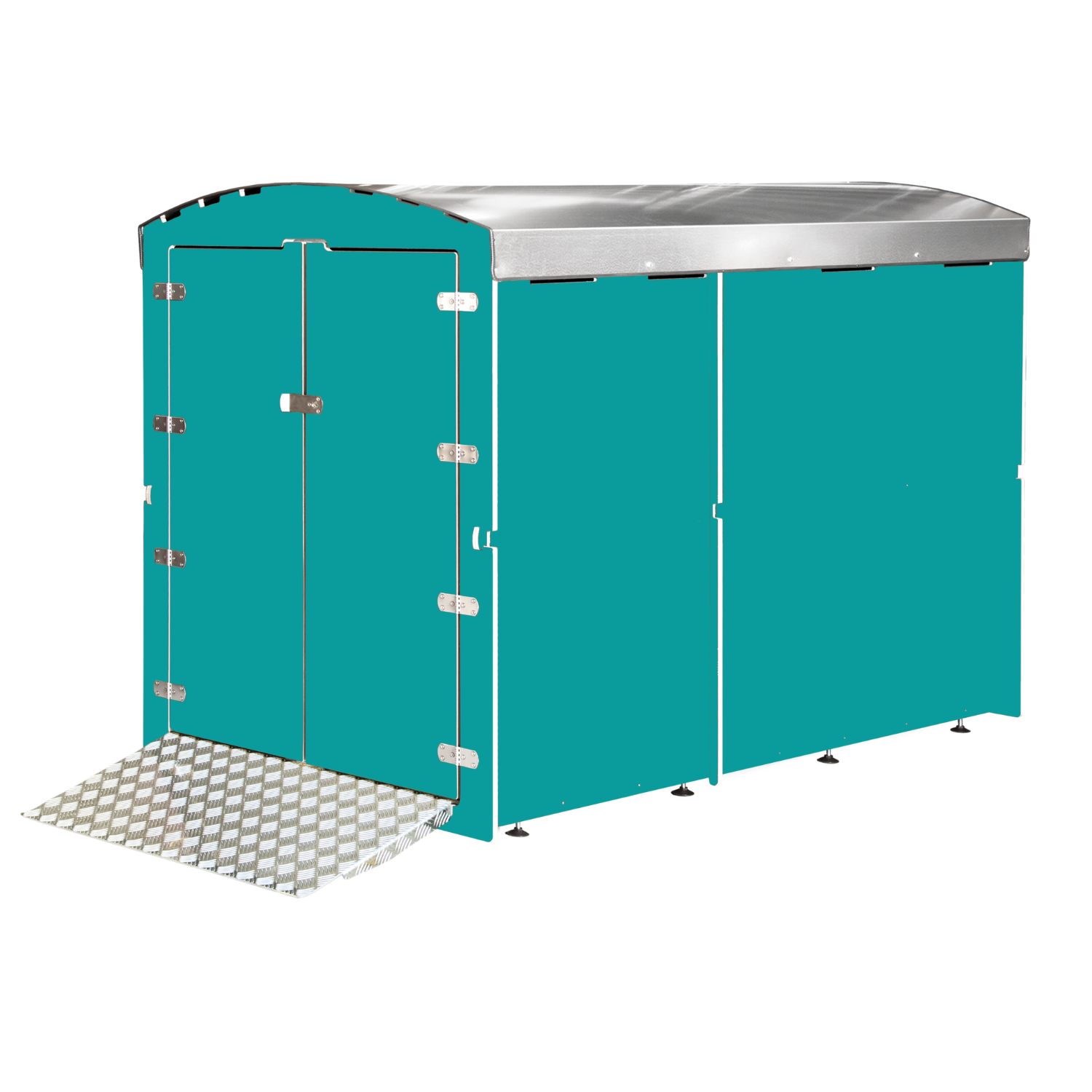 Großer türkisfarbener Lagercontainer mit rampe und silbernem Metall-Dach