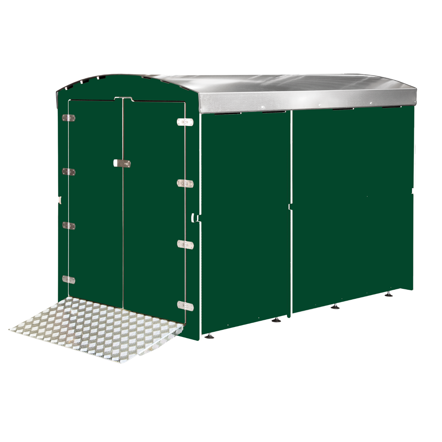 Dunkelgrüner Metallgartenhaus mit Doppeltür und Rampe, silbernes Dach