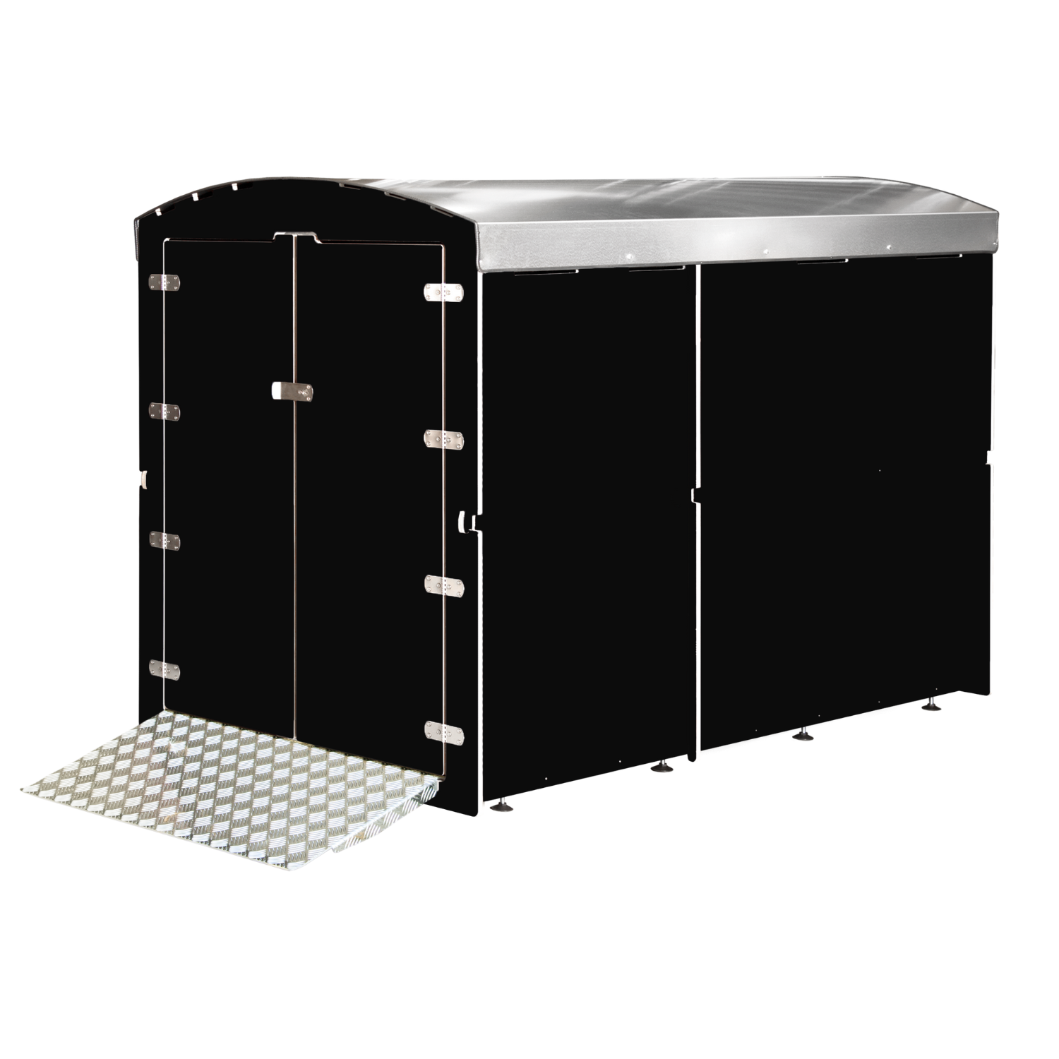 Schwarzer Farabo Abfallcontainer mit Metallrampen, stabiler Stahlkonstruktion und schützendem Dach