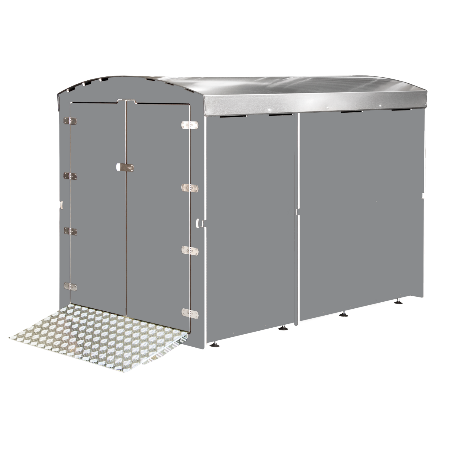 Grauer Metall-Fahrradgarage mit Doppeltür und aufklappbarer Rampe aus Aluminium