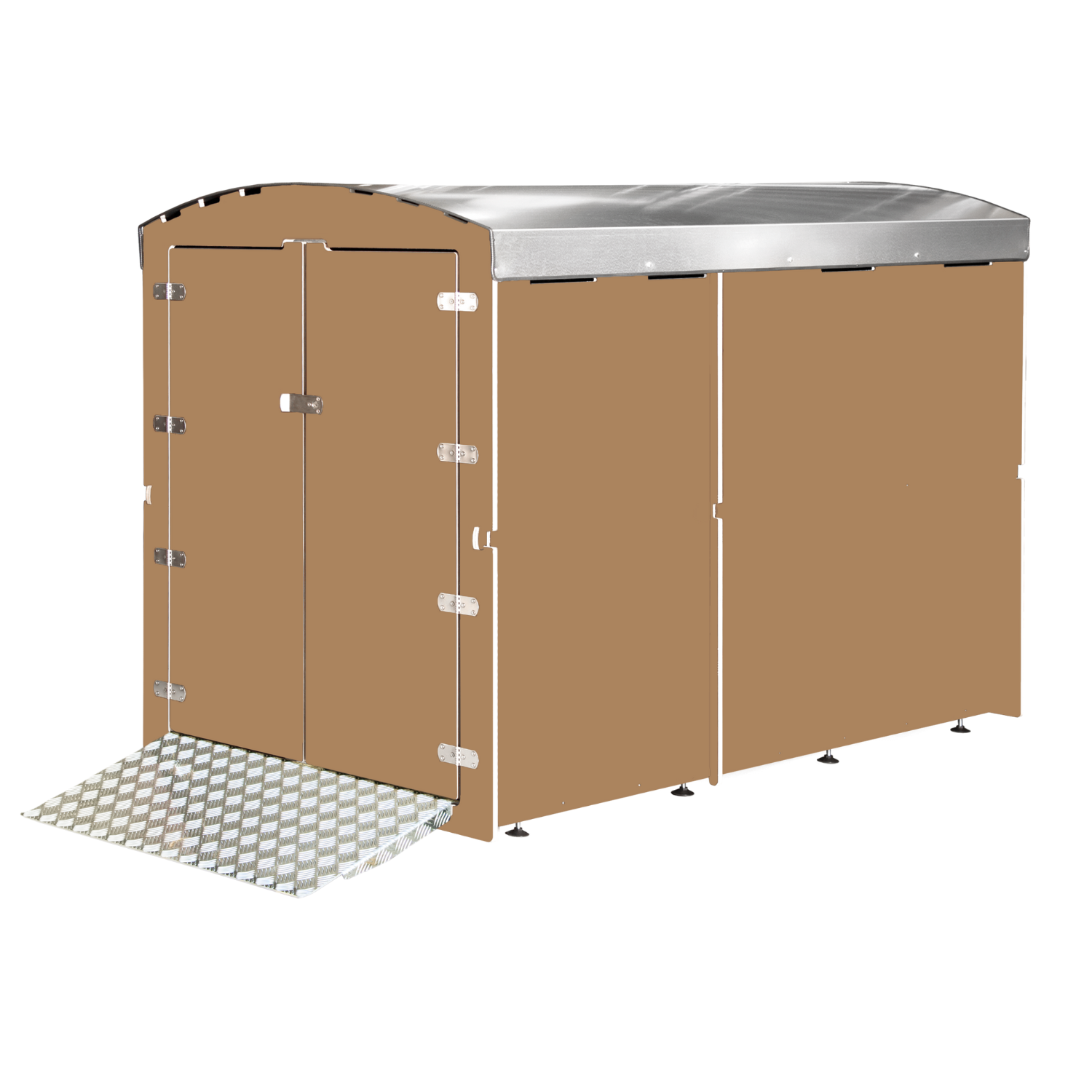 Hellbrauner Gartenschuppen mit silbernem Metalldach und Alu-Stufe vorne