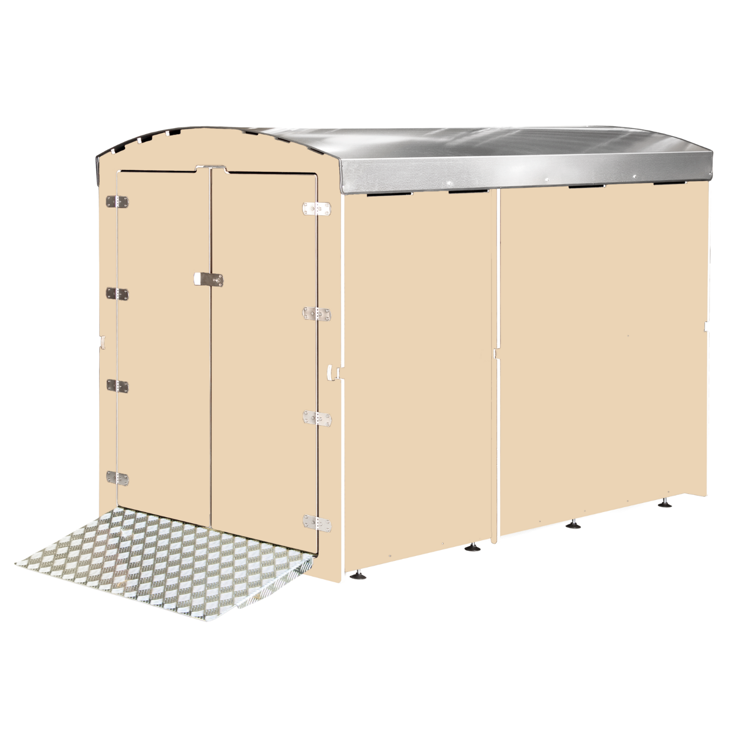 Beiger Metallgarage Container mit Doppeltür und rutschfester Rampe, verzinktes Dach