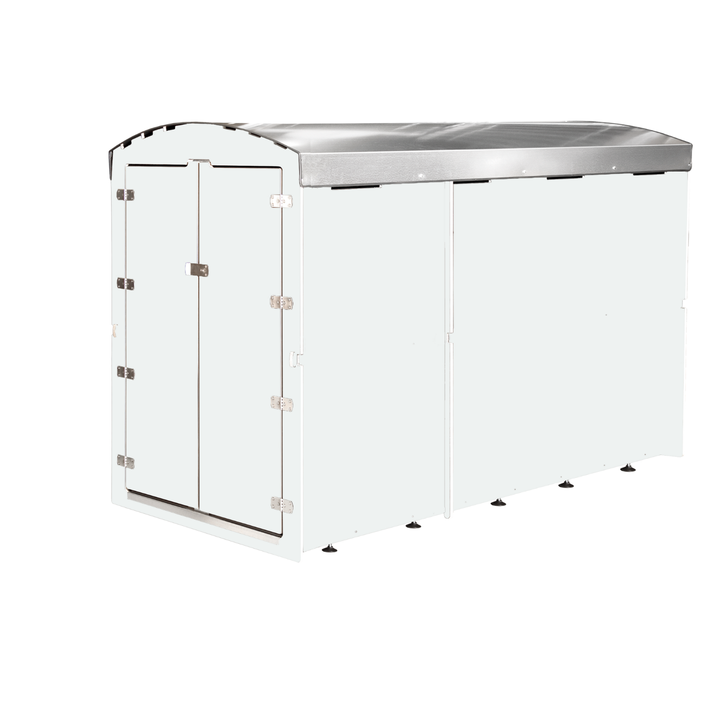 Großer weißer Metallcontainer mit Doppeltür und abgerundetem Dach, stabiler Aufbau