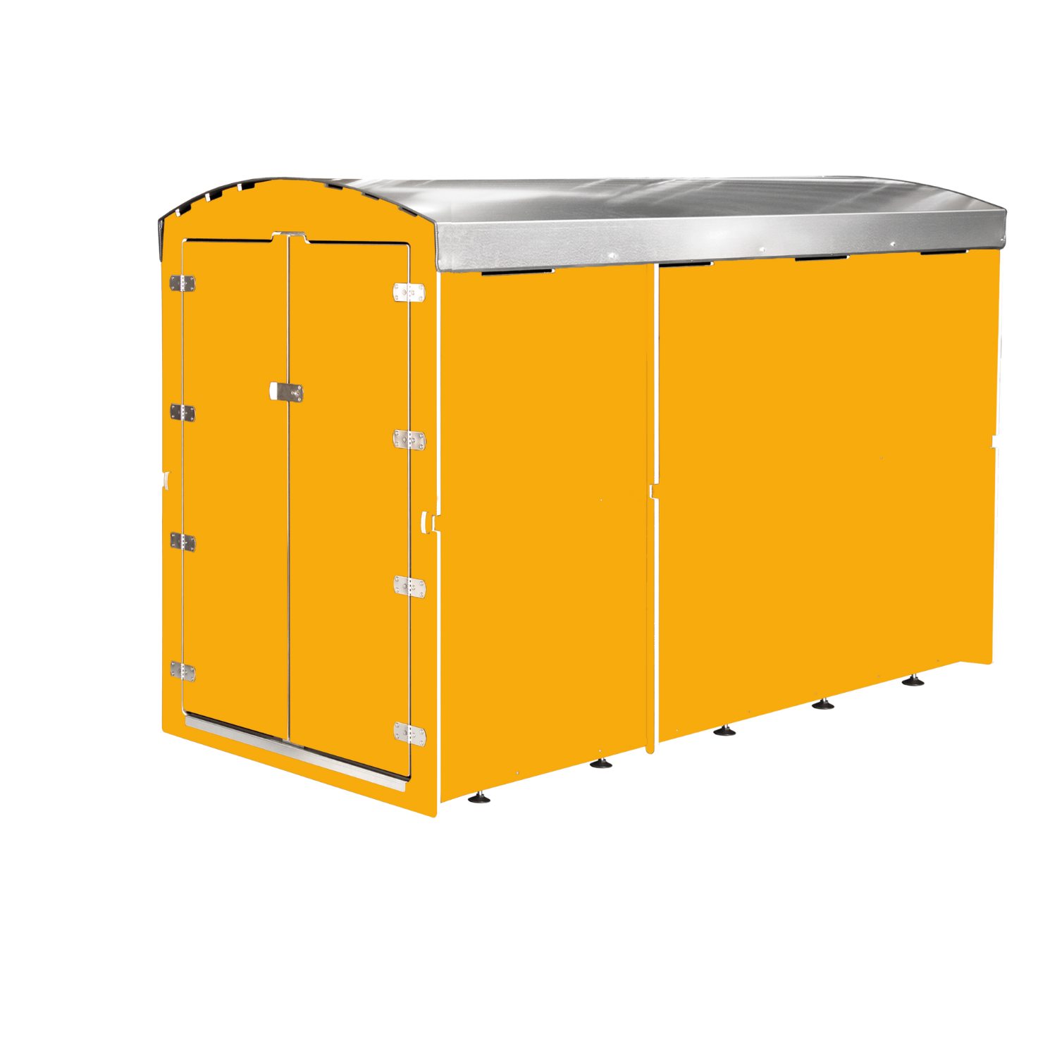 Großes gelb lackiertes Metallgerätehaus mit silbernem Dach und Doppeltür frontseitig
