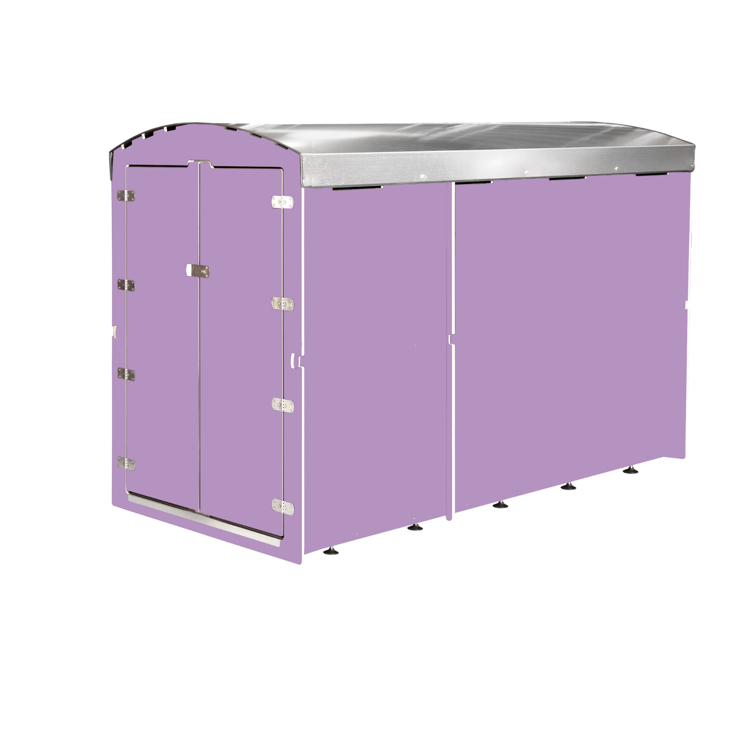 XXL Fahrradgarage aus Metall mit lilafarbenen Seitenwänden und Doppeltür, robustes Außenschutzhaus