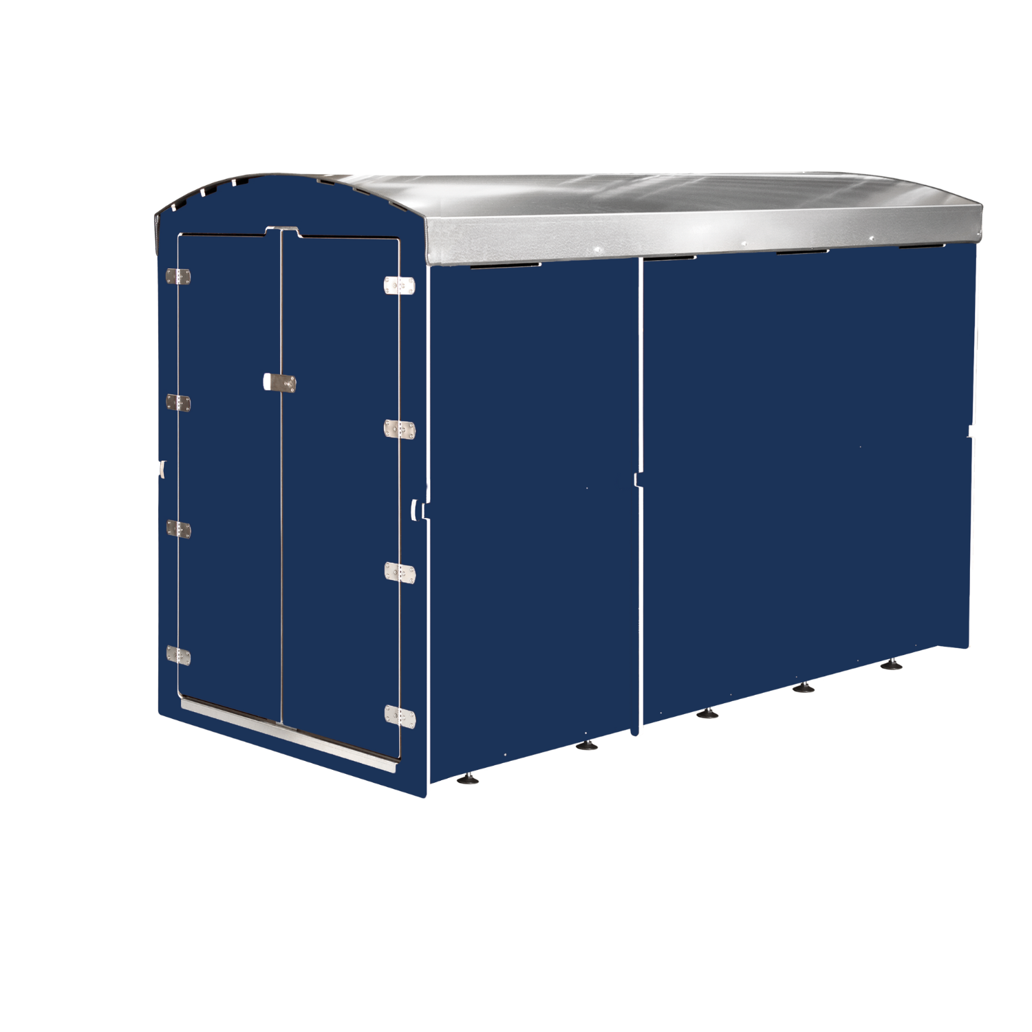 Großer dunkelblauer Metallcontainer mit geschwungenem silbernem Deckel und Doppeltür