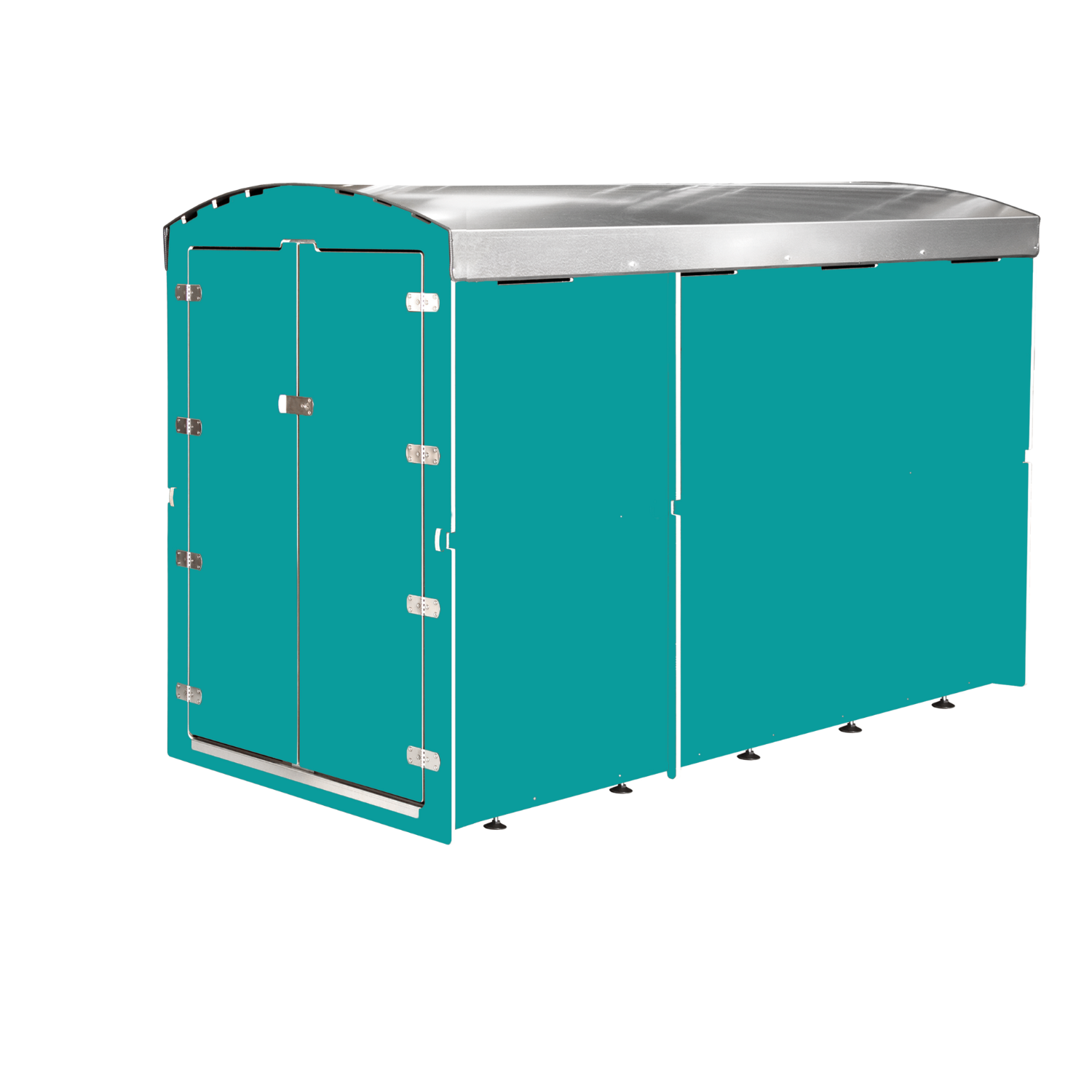 Großes türkisfarbenes Fahrradhaus mit Doppeltür und silbernem Dach aus Metall