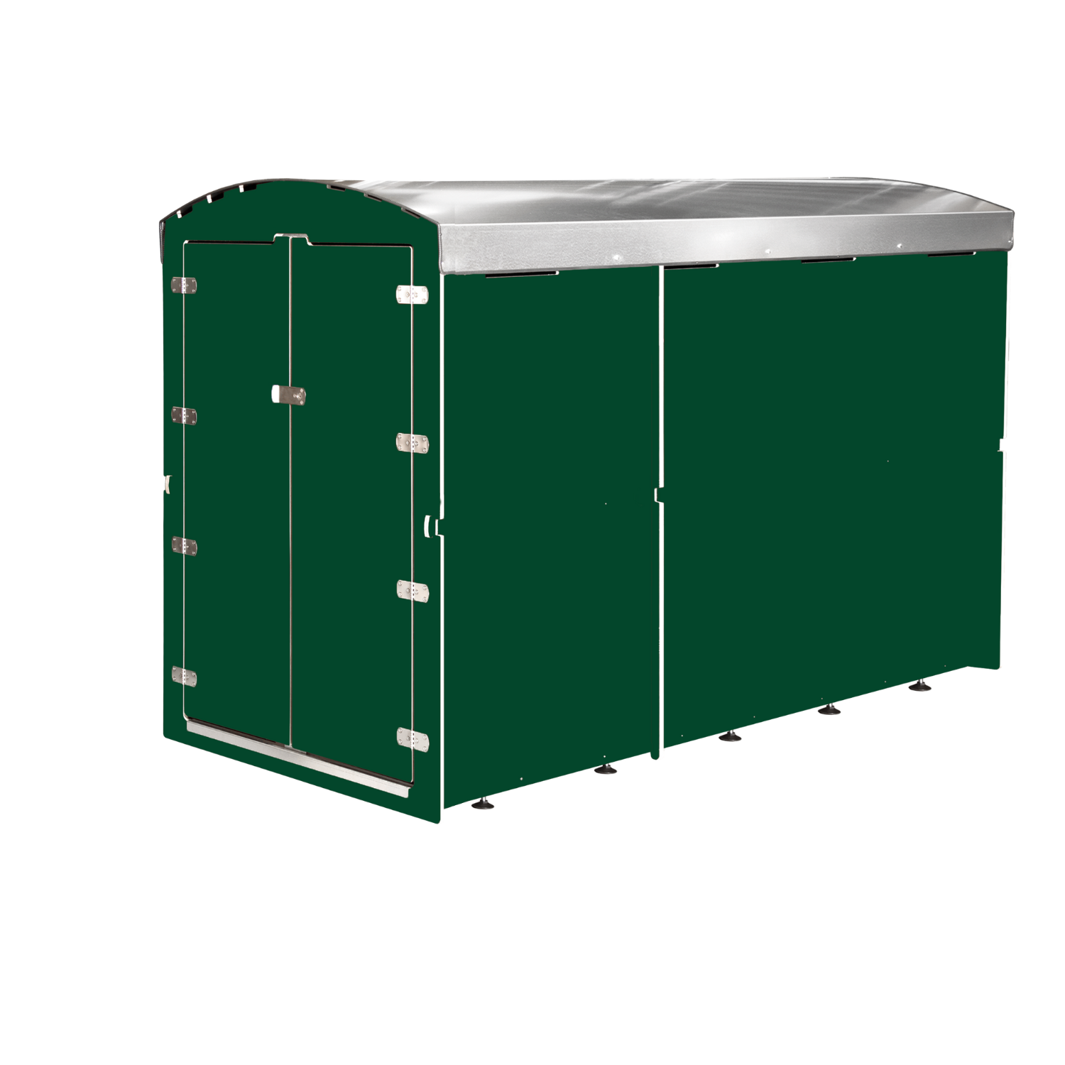 Großes dunkelgrünes Gerätehaus mit silbernem Metalldach und Doppeltüren