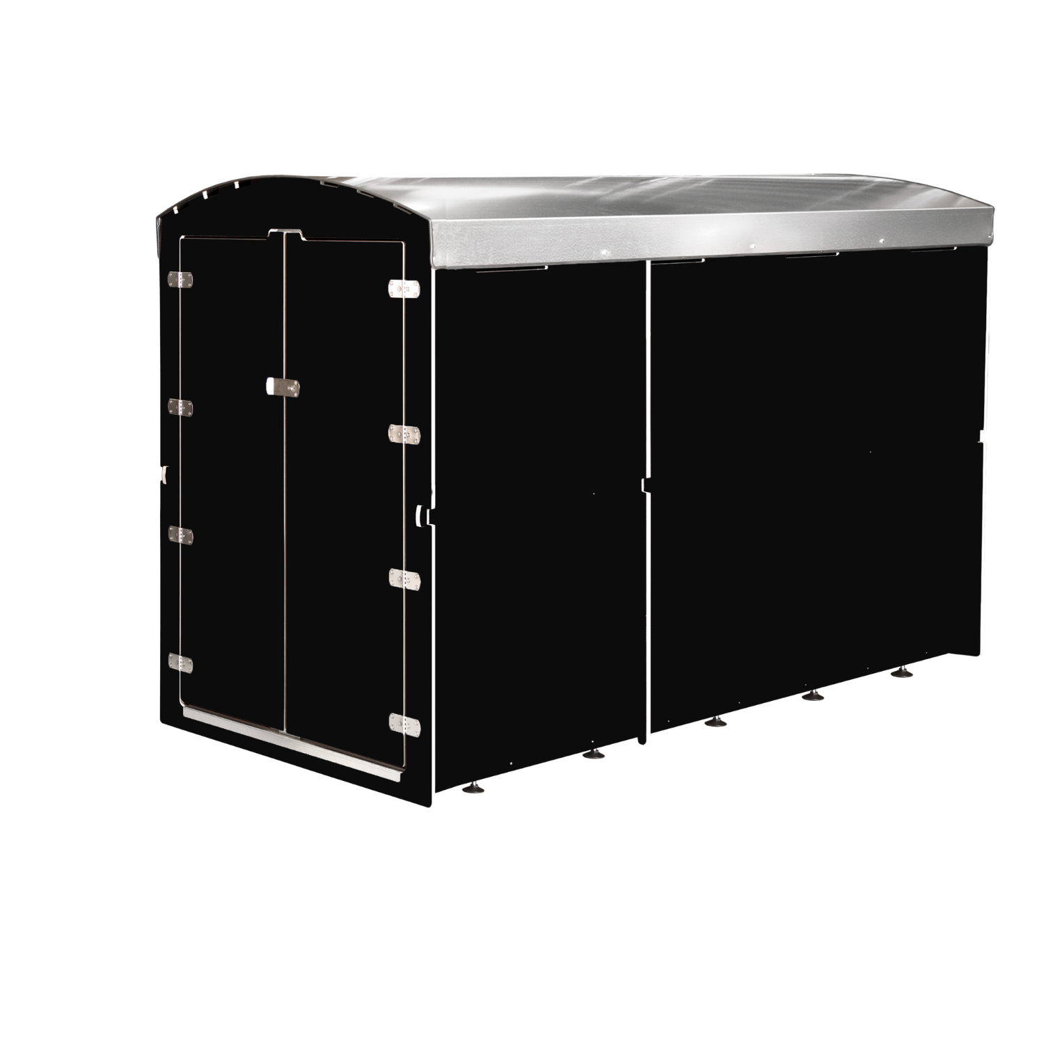 Großer schwarzer Metallgeräte- oder Fahrradschuppen mit doppeltürigem Verschluss und Silberdach