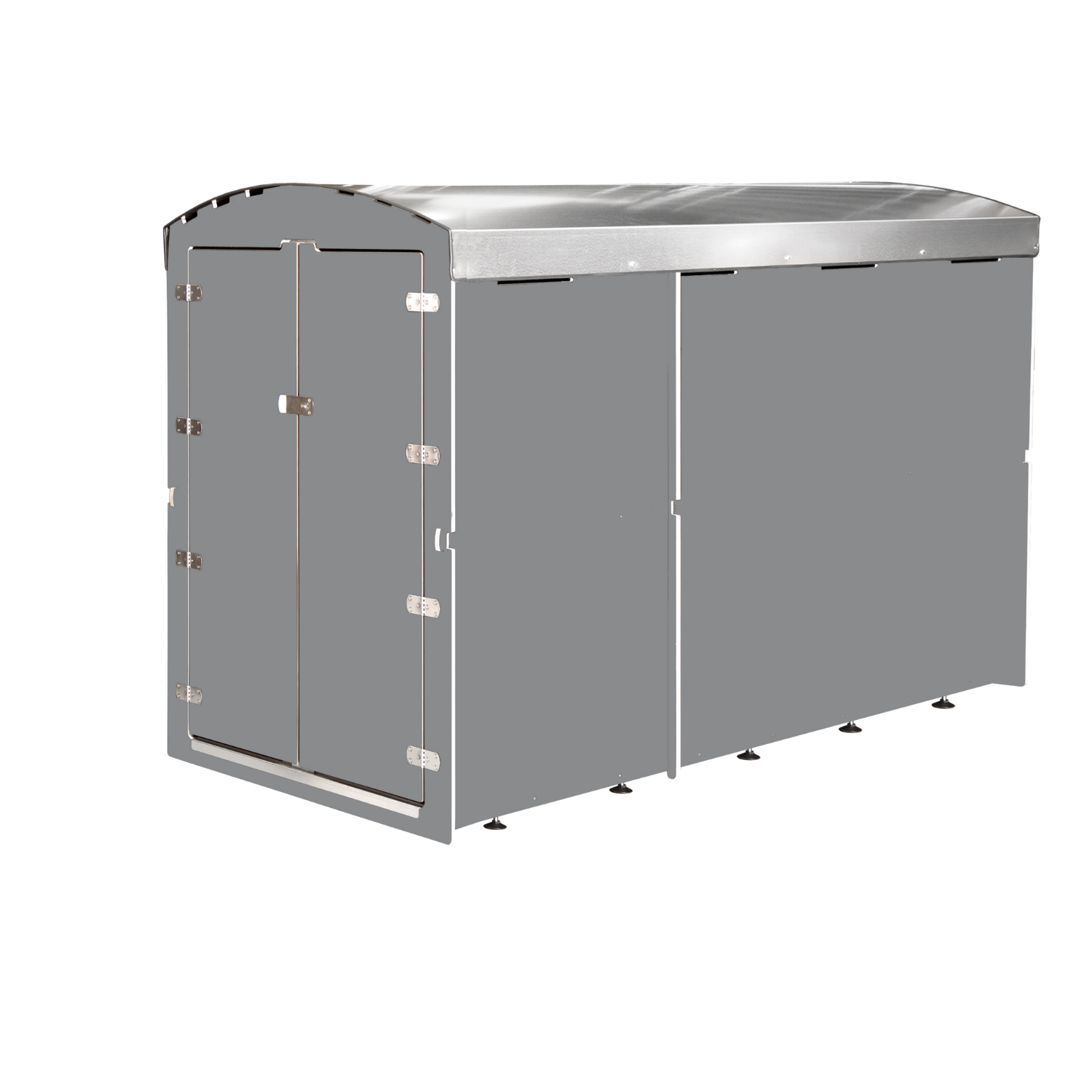 Große graue Metallgarage mit Doppeltür und gebogenem Dach für Fahrradunterstand