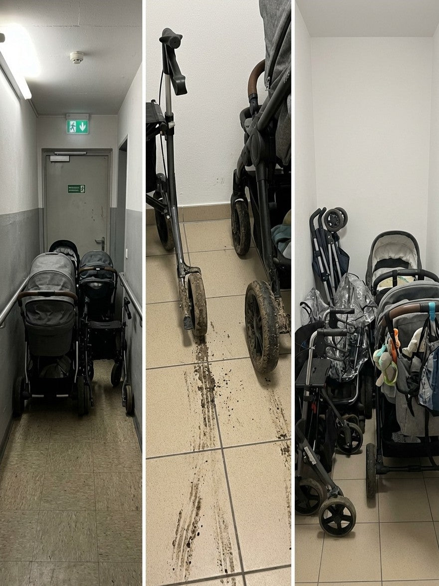 Mehrere Kinderwagen stehen in einem engen Flur, schmutzige Reifen hinterlassen Spuren auf dem Boden.