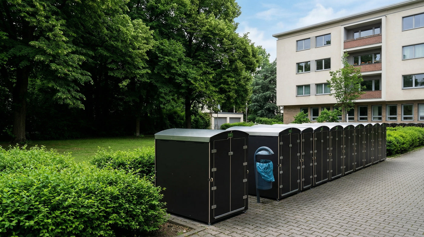 Reihe von schwarzen Aufbewahrungsboxen für Kinderwagen, Rollatoren und Fahrräder vor Wohnhaus