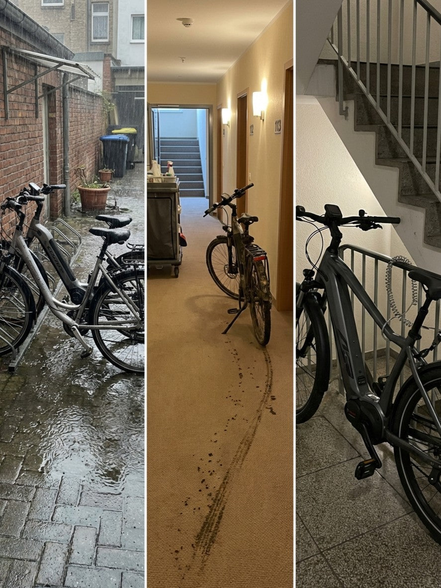 Drei Probleme mit Fahrrädern im Hotel: im Regen geparkt, Schmutzspur im Flur, blockiertes Treppenhaus.