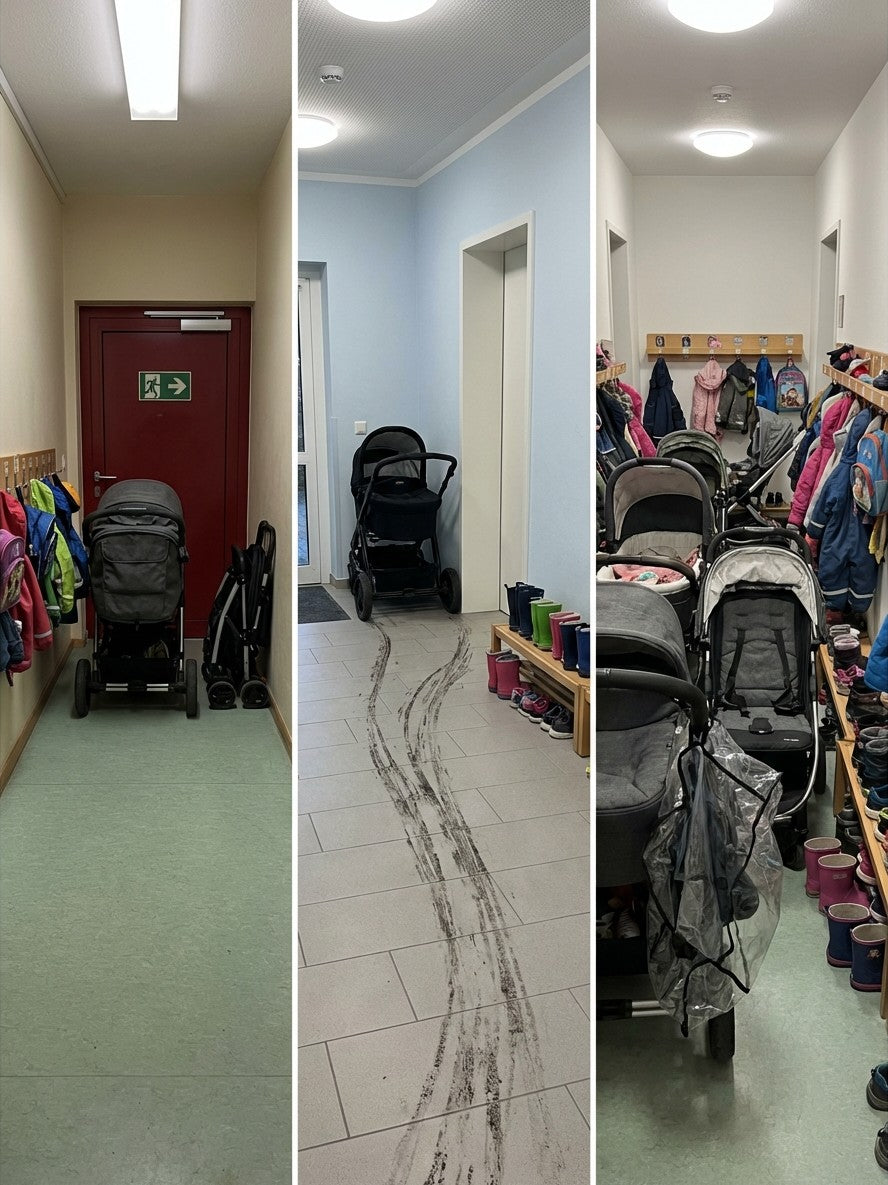 Kinderwagen in engen Kita-Fluren, dreckige Spuren und viele Jacken, Aufbewahrungsproblem
