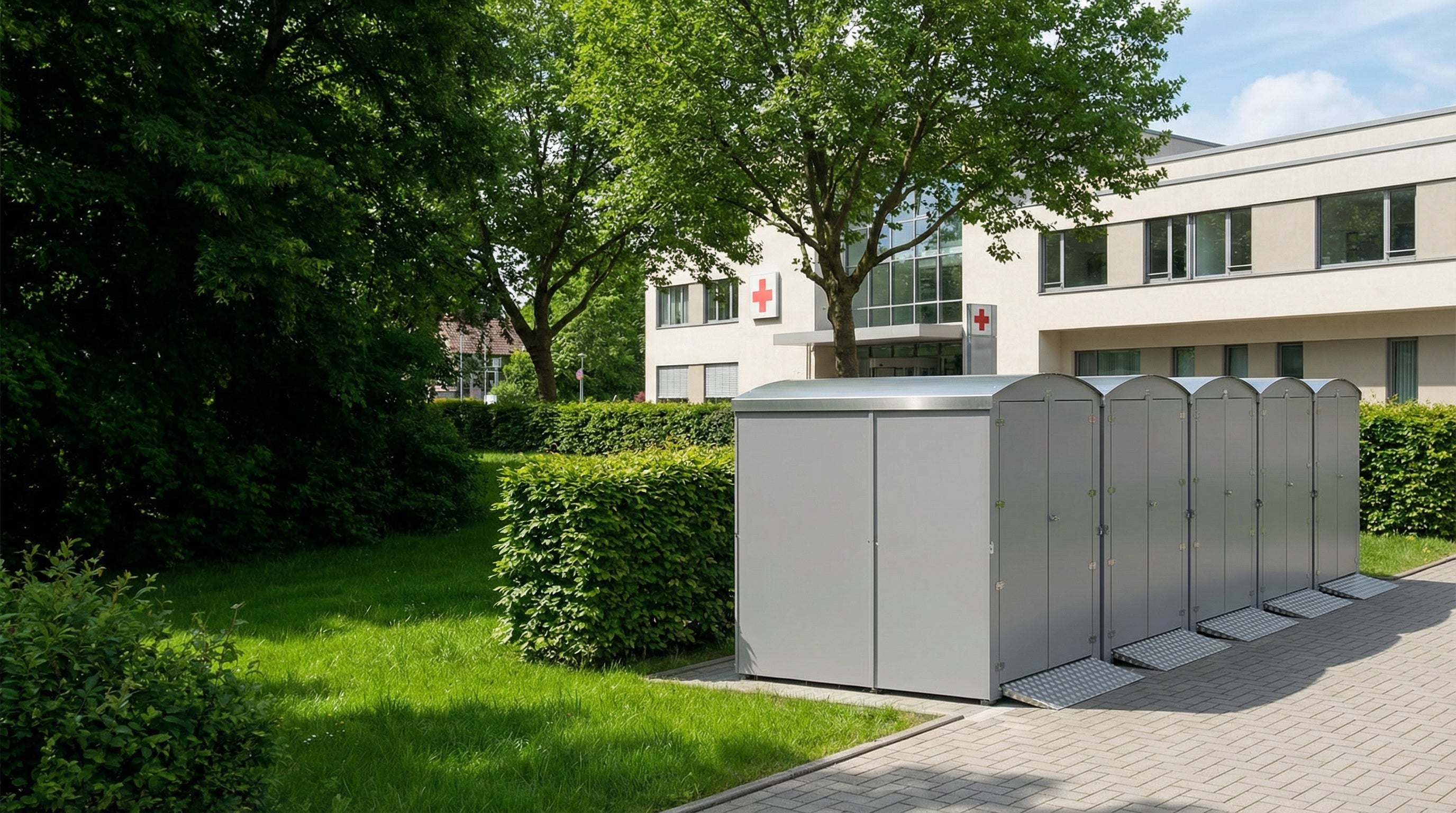 Reihung von Aufbewahrungsboxen für Rollatoren oder Kinderwägen vor medizinischer Einrichtung