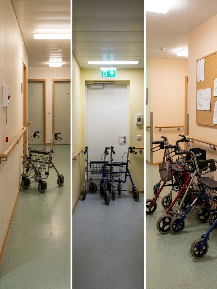 Flur in Pflegeheim mit mehreren Rollatoren, eng geparkt vor Türen und Wänden