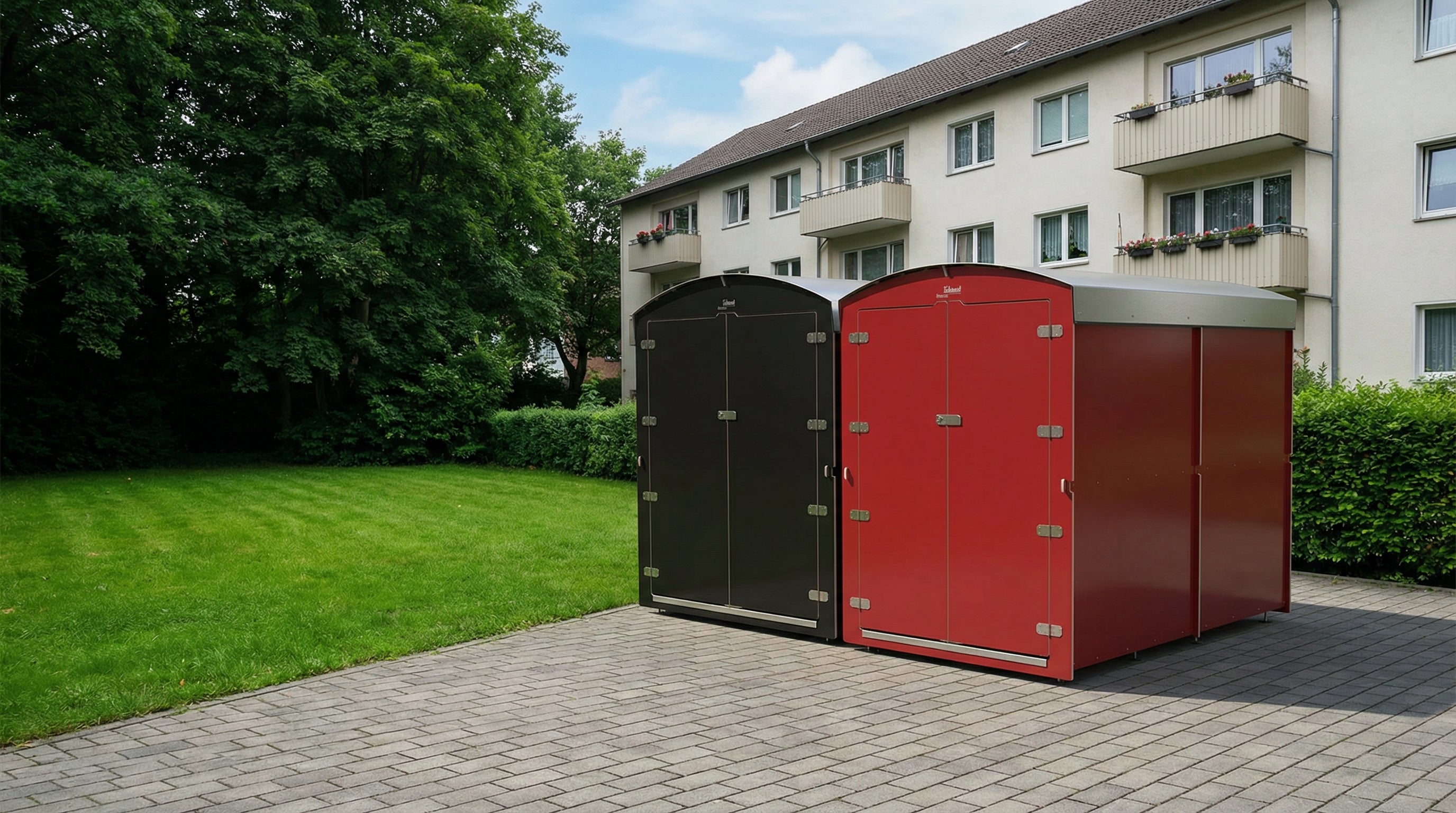 Zwei große Aufbewahrungsboxen für Kinderwagen oder Fahrräder vor einem Mehrfamilienhaus