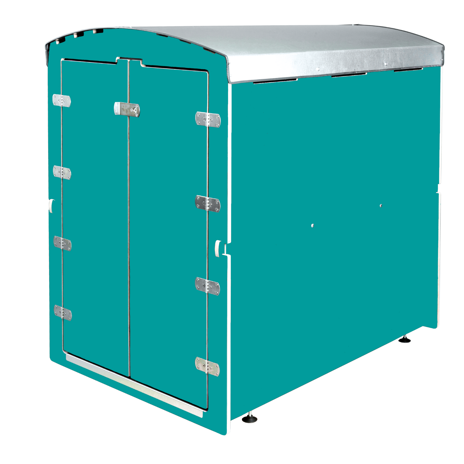 Türkiser Transportkühlschrank mit silbernem Deckel und Metallverschlüssen