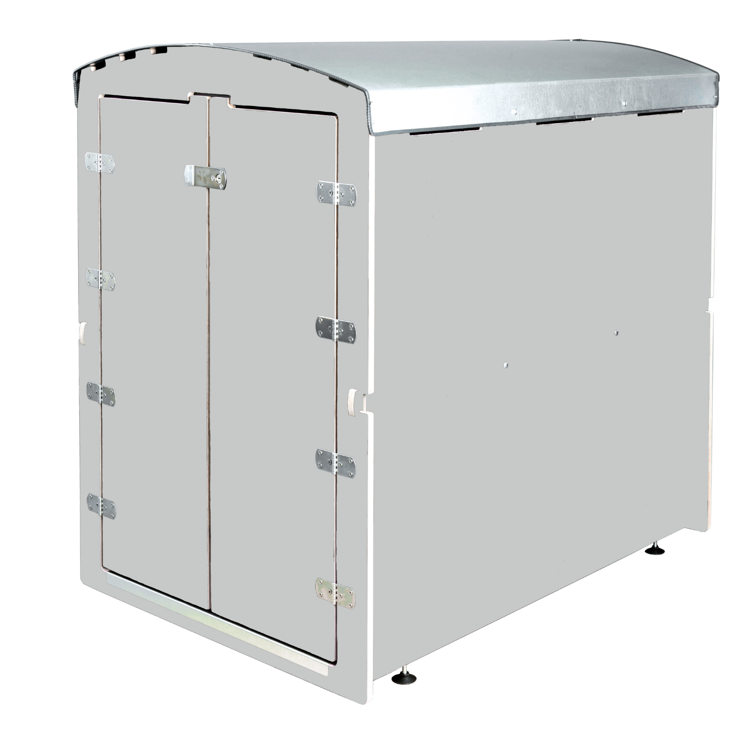 Hellgrauer Gartenschrank aus Metall mit Doppeltüren und silbernem Dach