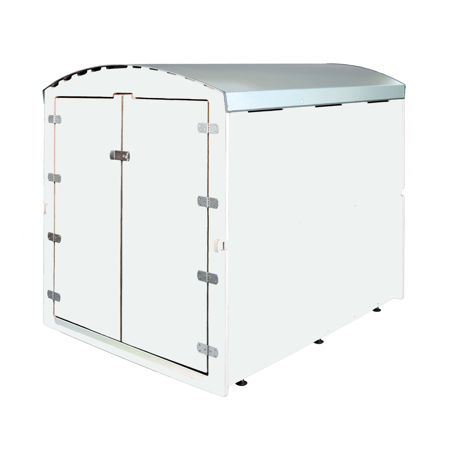 Weiße Transportbox mit Doppeltür, Metallverschluss und gebogenem Deckel