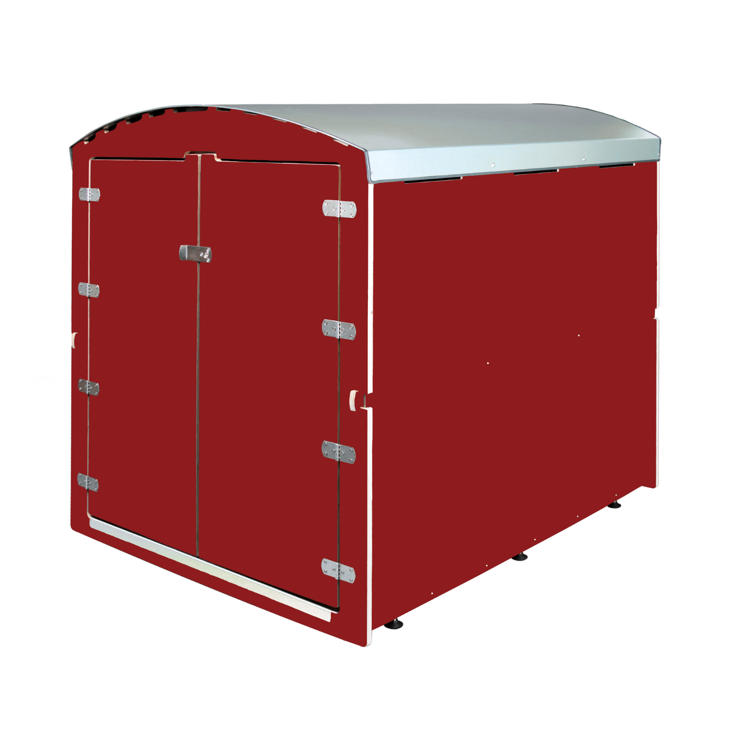 Dunkelroter Transportanhänger mit gerundetem silbernen Dach und Doppeltüren vorne