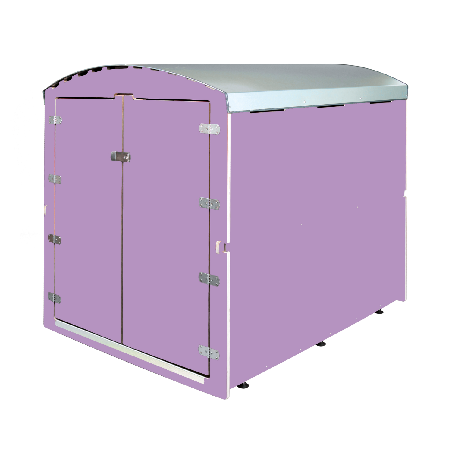 Lila Gartenhäuschen mit Metall-Doppeltür und grauem gewölbtem Dach