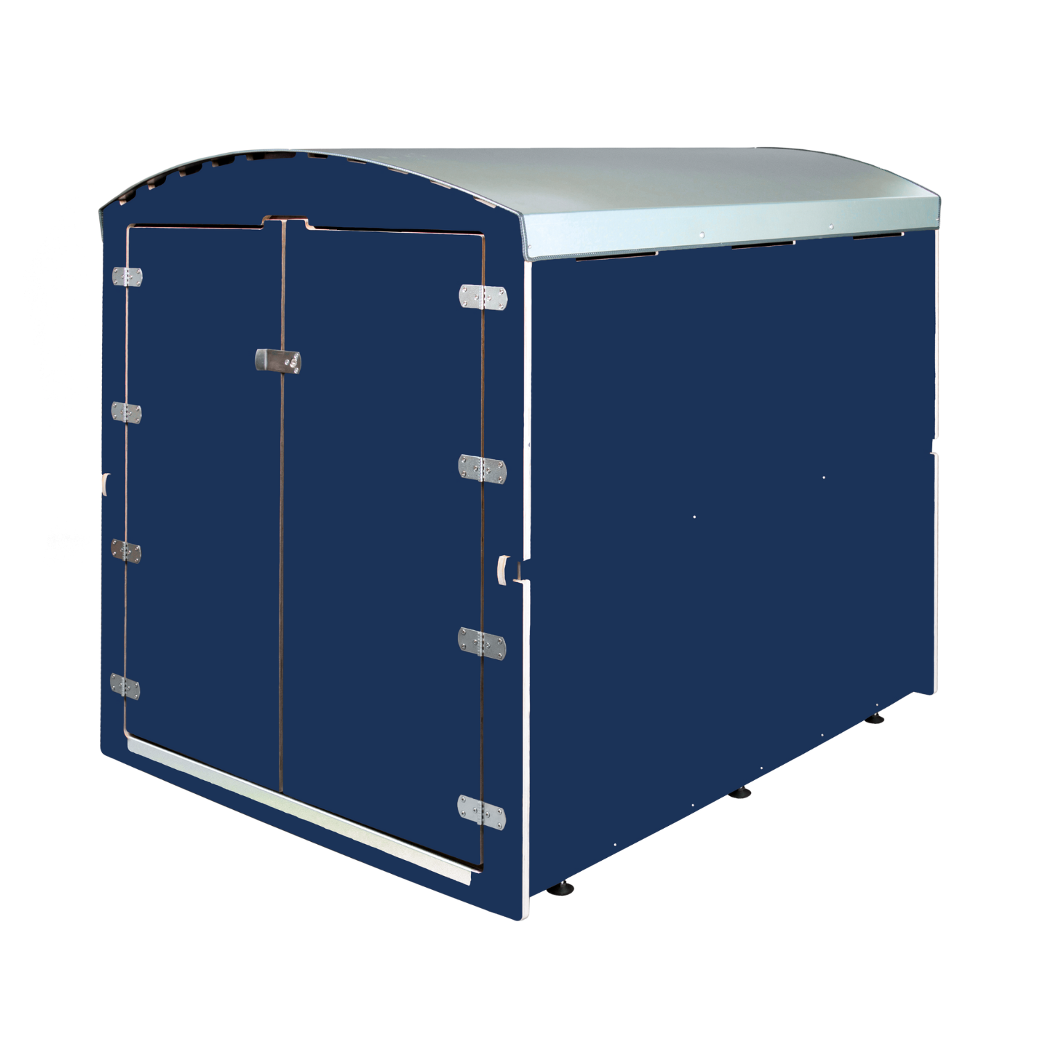 Dunkelblauer mobiler Lagercontainer mit weißen Metallbeschlägen und abgerundetem Dach
