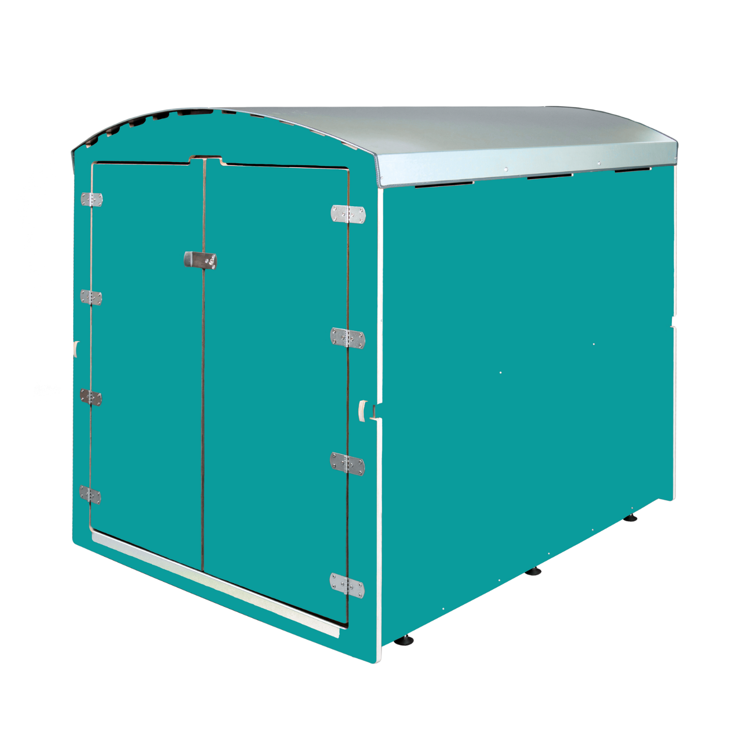 Türkisfarbener Fahrradgarage-Container mit Doppeltür und halbrundem silbernem Dach