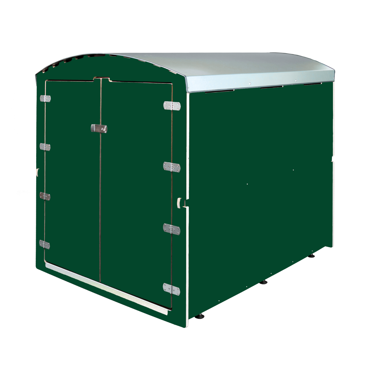 Dunkelgrüner Fahrradgarage mit Metall-Dach und zweiflügeliger Tür, freistehend