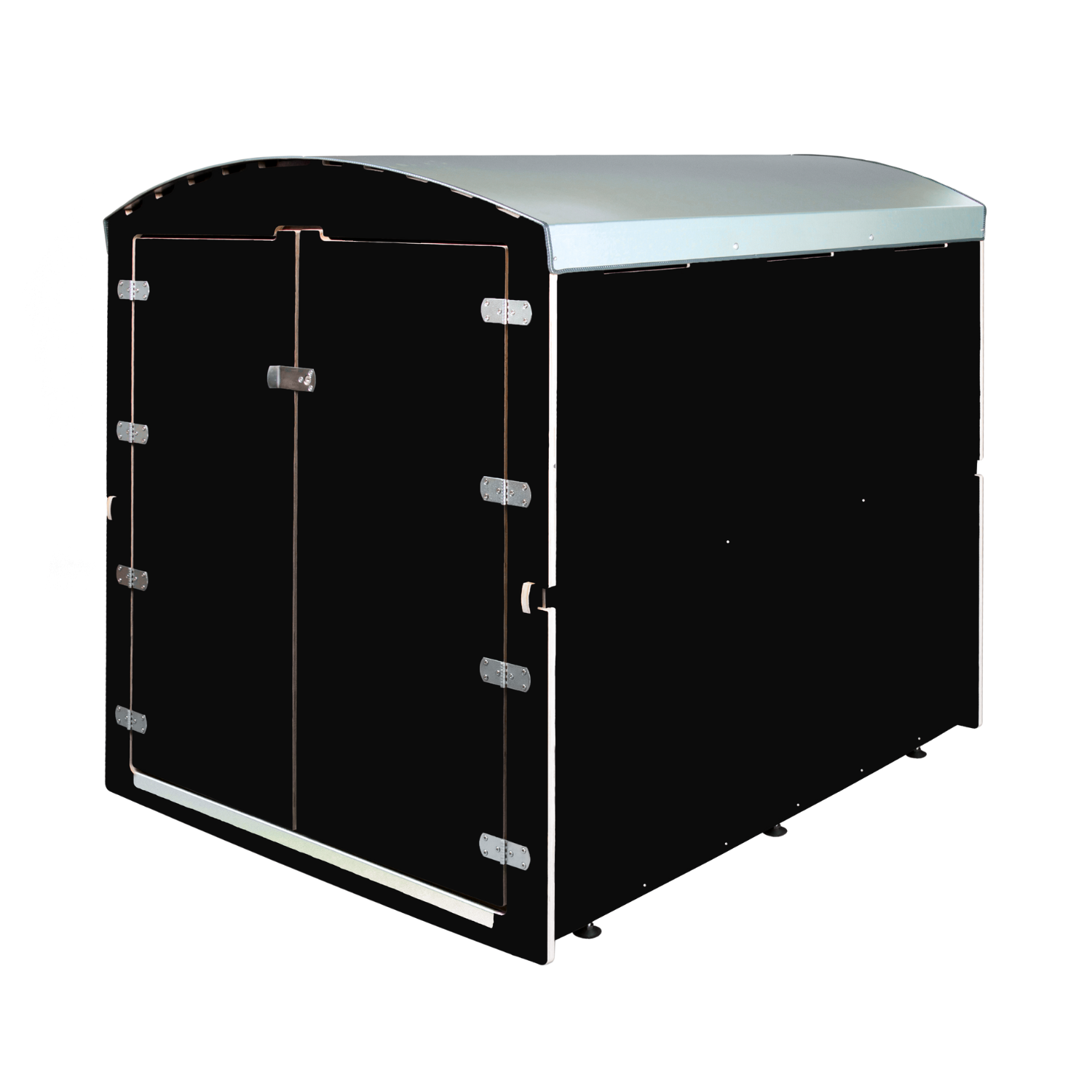 Schwarzer, rechteckiger Fahrradgarage mit silbernem, gebogenem Dach und Doppeltürverschluss