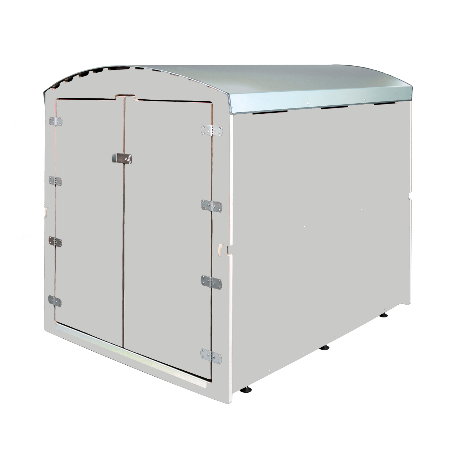 Hellgraues, halbgeschlossenes Lager- oder Werkzeughaus mit Doppeltür und Metallbeschlägen