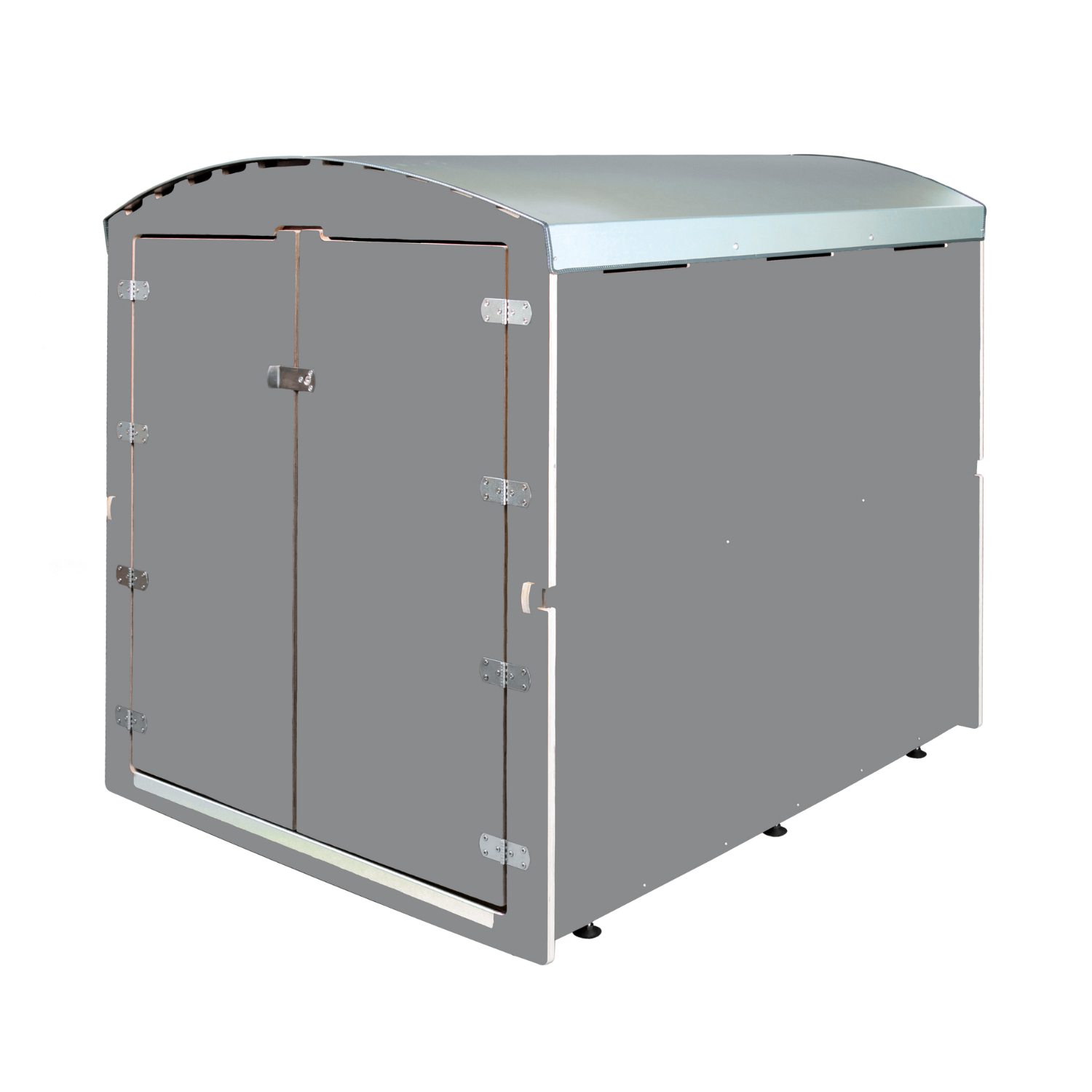 Großer grauer Metallkasten mit Doppeltür und gewölbtem Dach, sicheres Außengehäuse