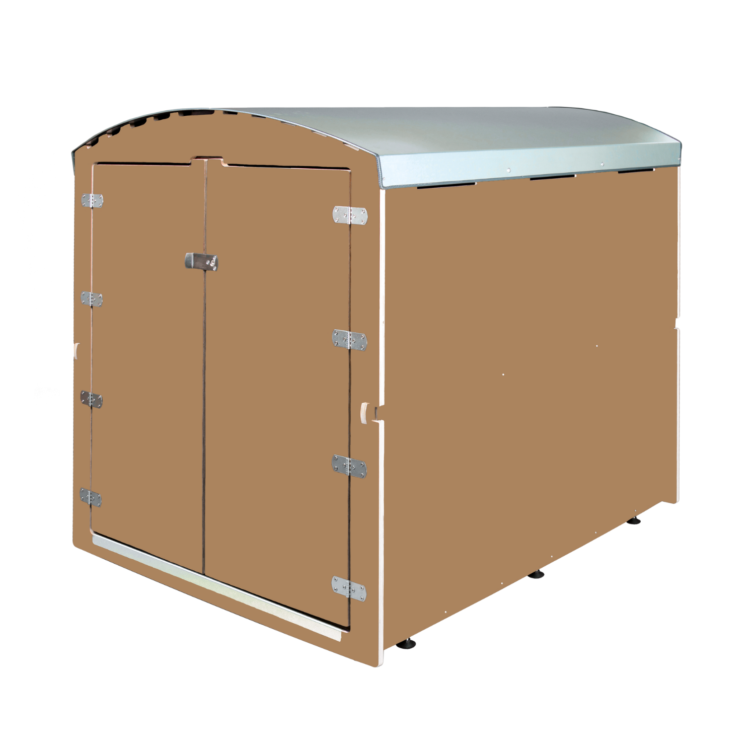 Hellbrauner Fahrradanhänger aus Holz mit Metallverkleidung und Doppeltüren