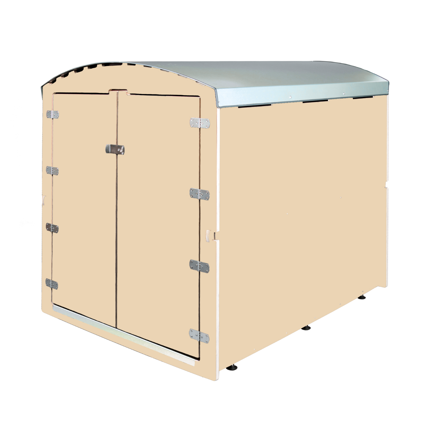 Beige Gerätehaus aus Holz mit Doppeltür und gewölbtem verzinktem Metall Dach