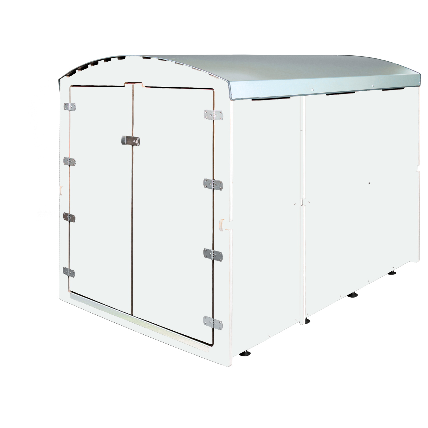 Weißer XXL Fahrradgaragen-Kasten mit Doppeltür und grau-metallic Dach, stabil und wetterfest