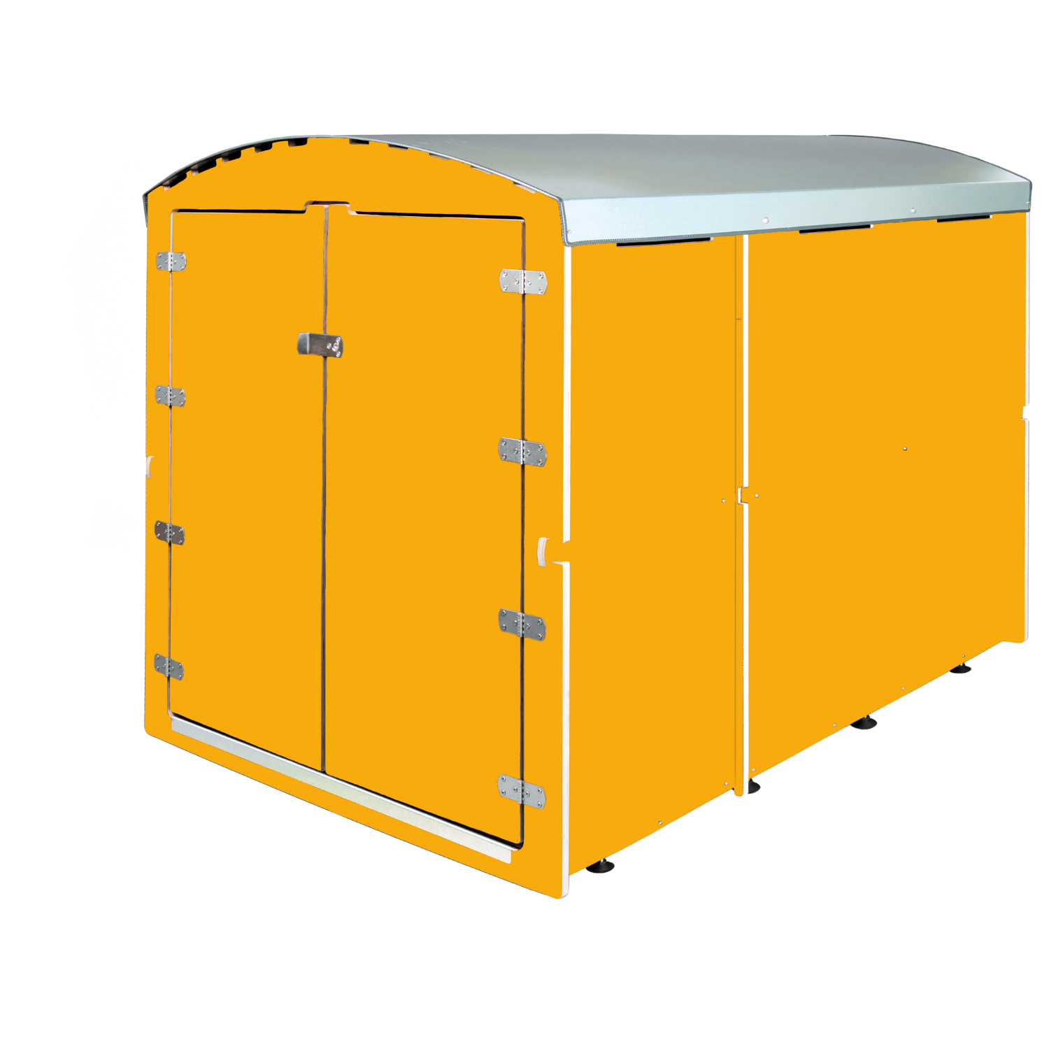 Goldgelber Metallgerätehaus mit Doppeltür und silbernem Dach, seitliche Ansicht