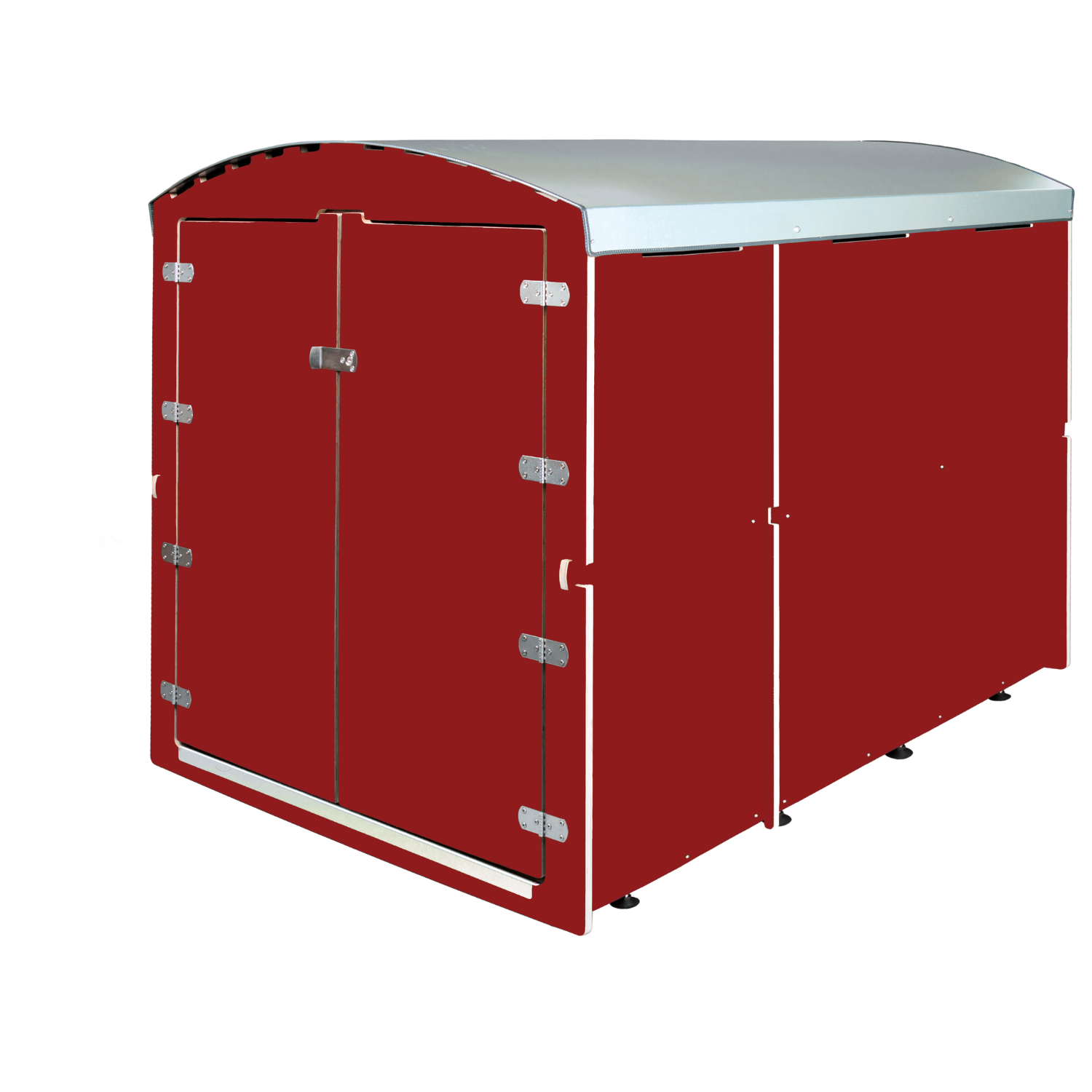 Dunkelrote XXL Lagerbox mit silbernem gewölbtem Metall-Dach und Doppeltüren