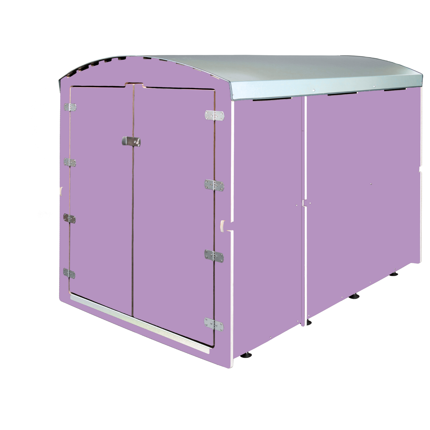 Großer lila Gartenhaus-Schrank mit silbernem Dach und Doppeltür, stabil und wetterfest
