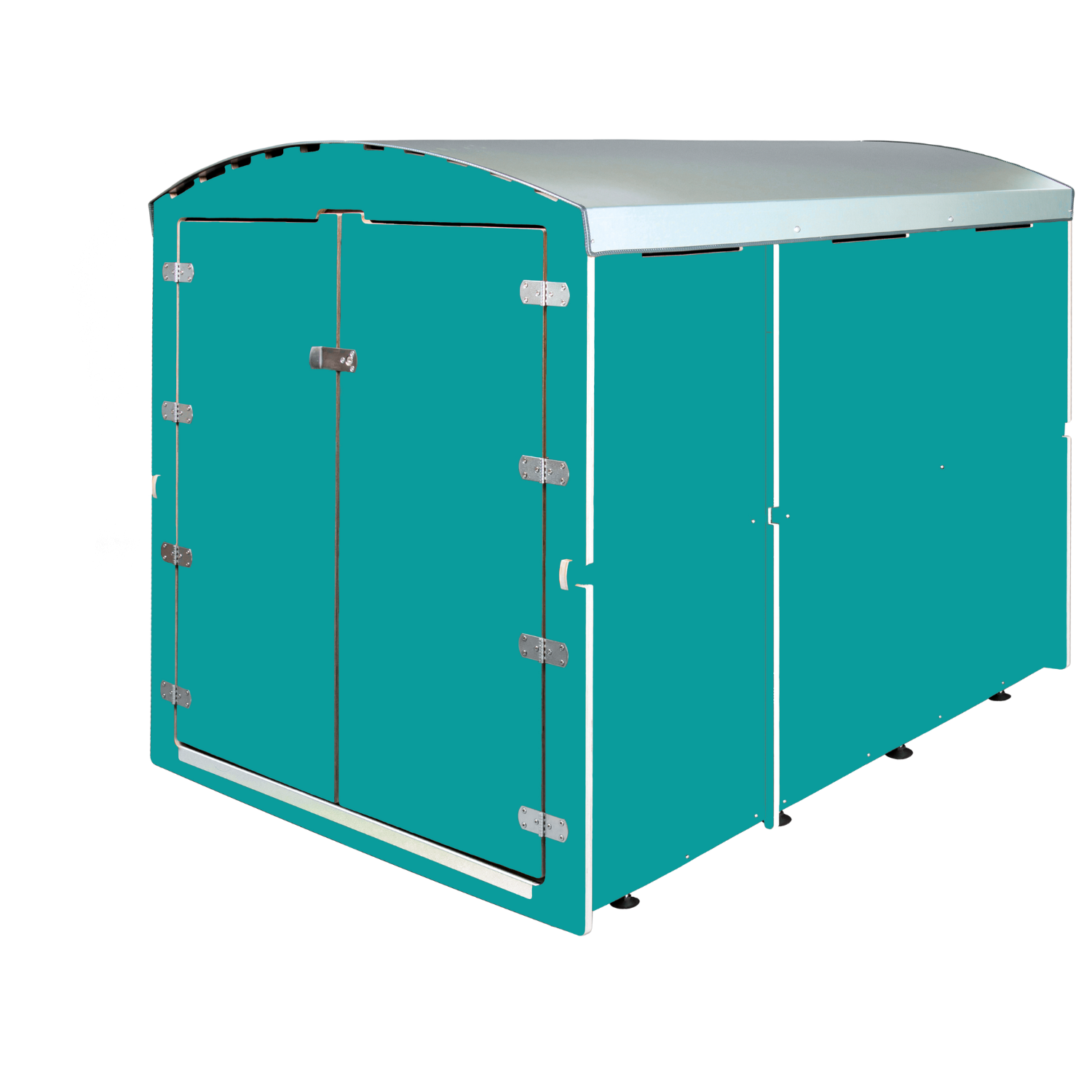 Großer türkisfarbener Fahrradgaragenenstall mit Doppeltür und silbernem Dach