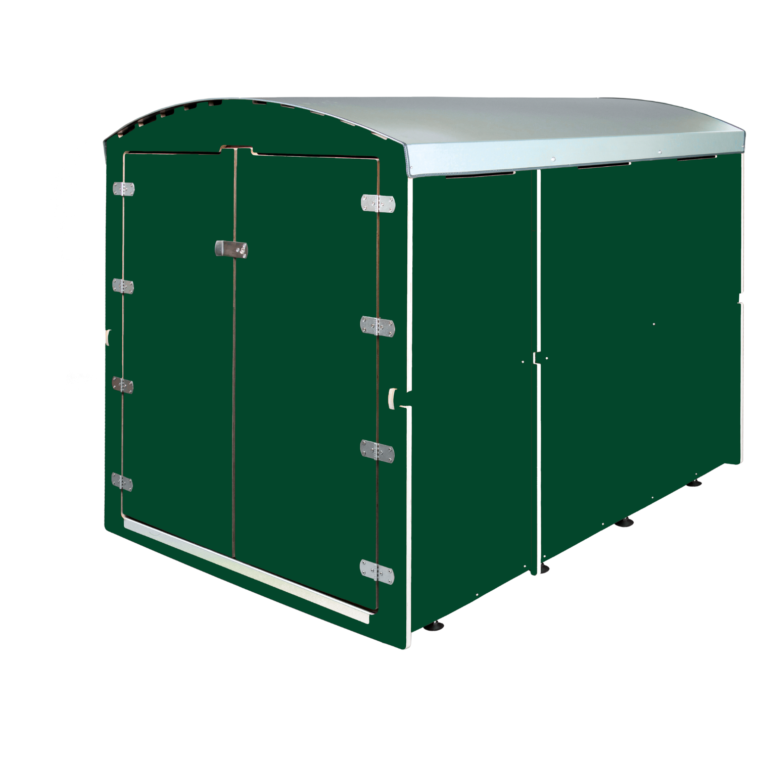 Dunkelgrüner XXL Fahrradgarage mit rundem Metall-Dach und Doppeltür verschlossen