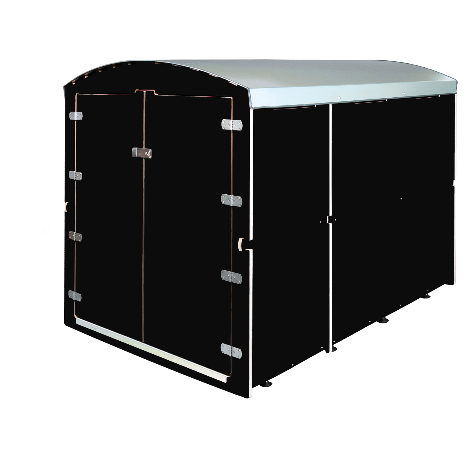 Großer schwarzer Fahrradunterstand mit gebogenem hellgrauem Dach und Doppeltür mit Verschluss