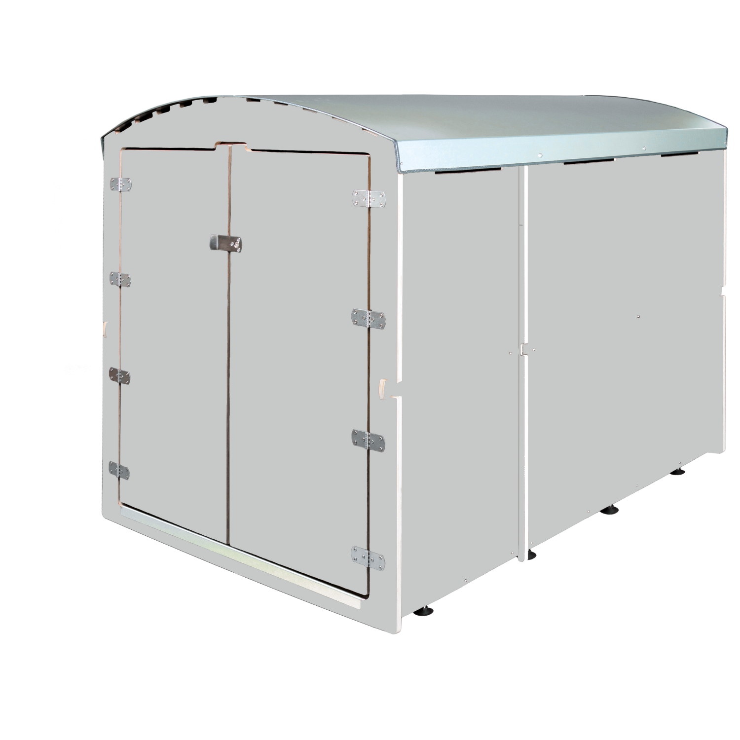 Hellgrauer großer Metall-Gartenschuppen mit Doppeltüren und Strebenelement