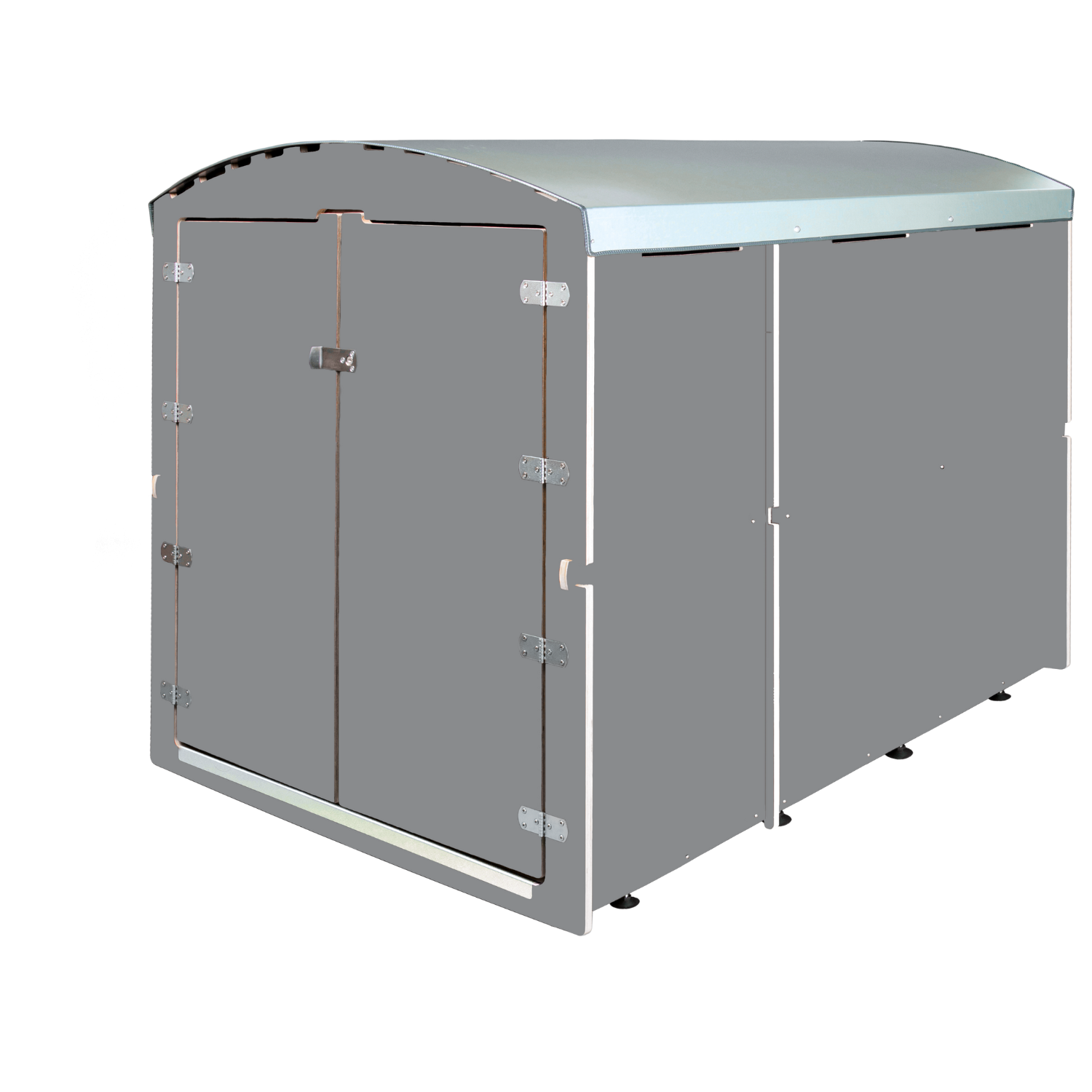 Graue Fahrradgarage mit Doppeltür, stahlverstärktem Dach und Metallbeschlägen