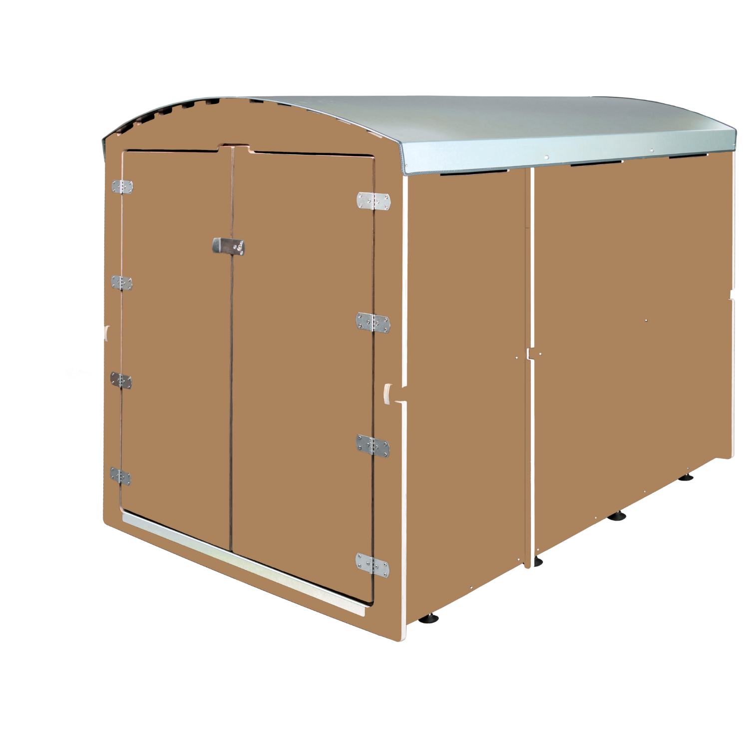 Hellbraunes Kiwabo Gartenhaus mit Blechdach und Doppeltür, seitliche Strebe sichtbar