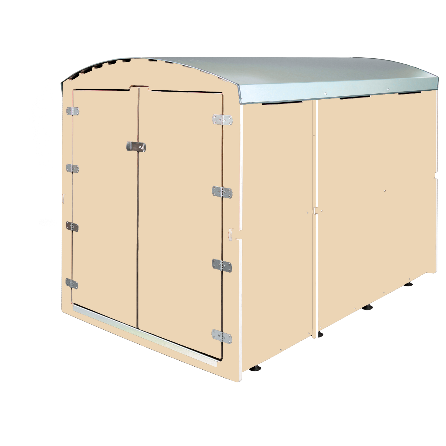 Beige XXL Fahrradgarage mit Doppeltür und silbernem Blechdach, stabile Metallbeschläge