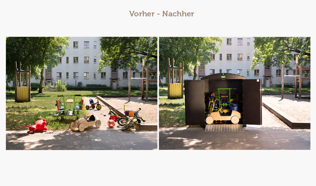 Vorher-Nachher-Vergleich eines Spielplatzes mit verstreutem Kinderspielzeug und aufgeräumtem Spielzeugschrank