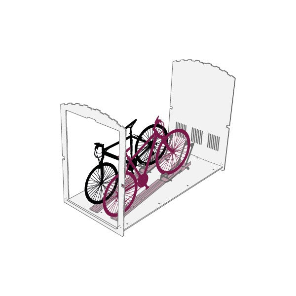 3D-Illustration von zwei Fahrrädern in Einfahrtschienen, Fahrradständer mit Seitenwänden