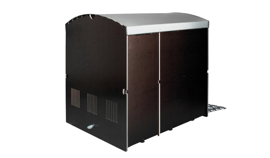 Rollabo XL Plus Fahrradgarage Rückansicht mit schwarzer Seitenwand und silbernem Dach